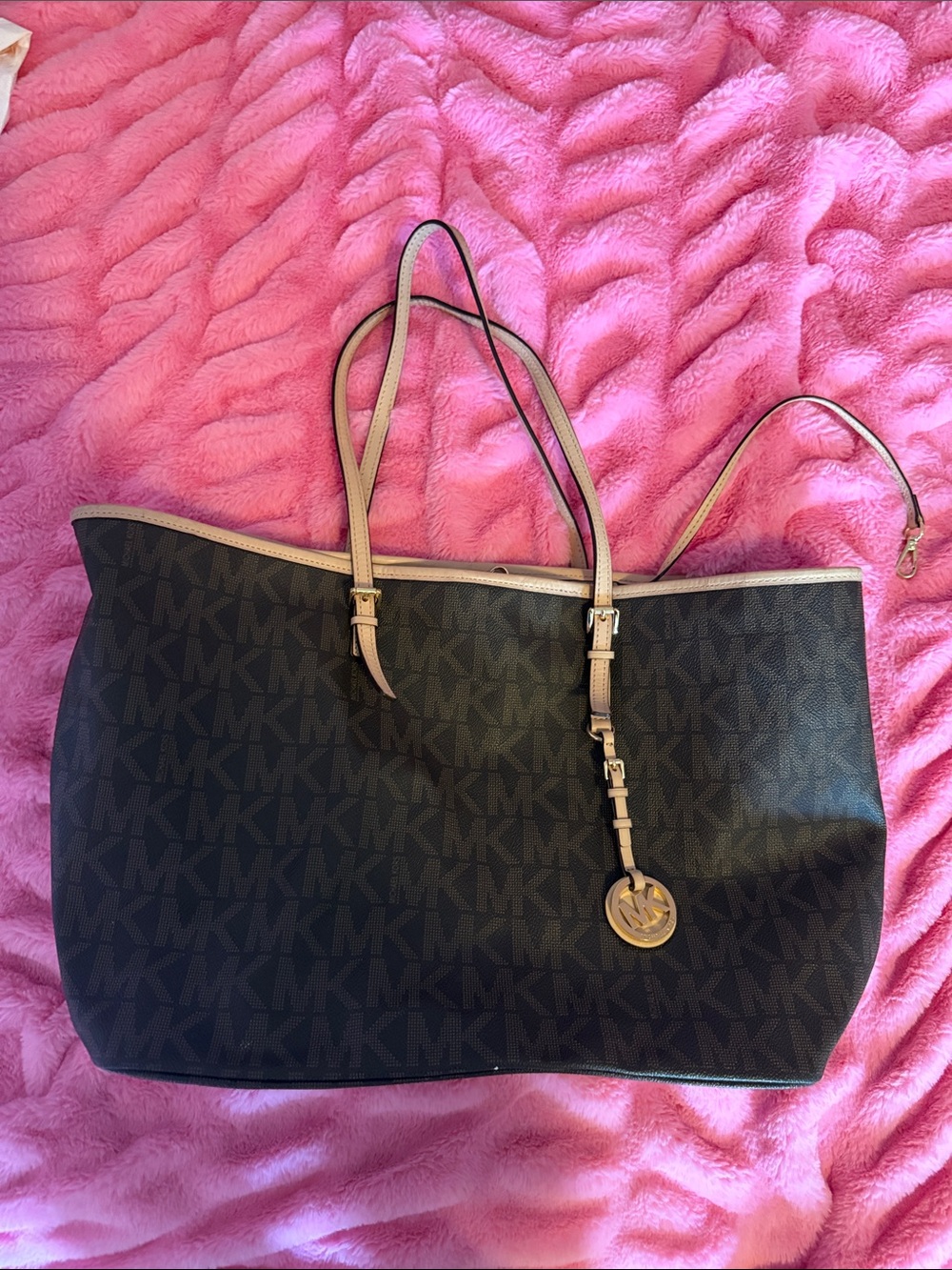 Michael Kors Brown MK Logo Tote with Tan Trim